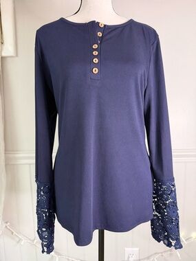 NWOT Women's Navy Lace Cuff Half Button Henley Top